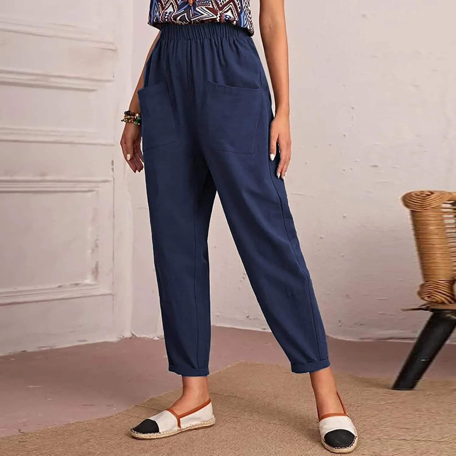 Womens Linen Pants Summer Casual Loose Elastic Waist Straight Wide Leg Pants Lightweight Tall Linen Pants Trousers