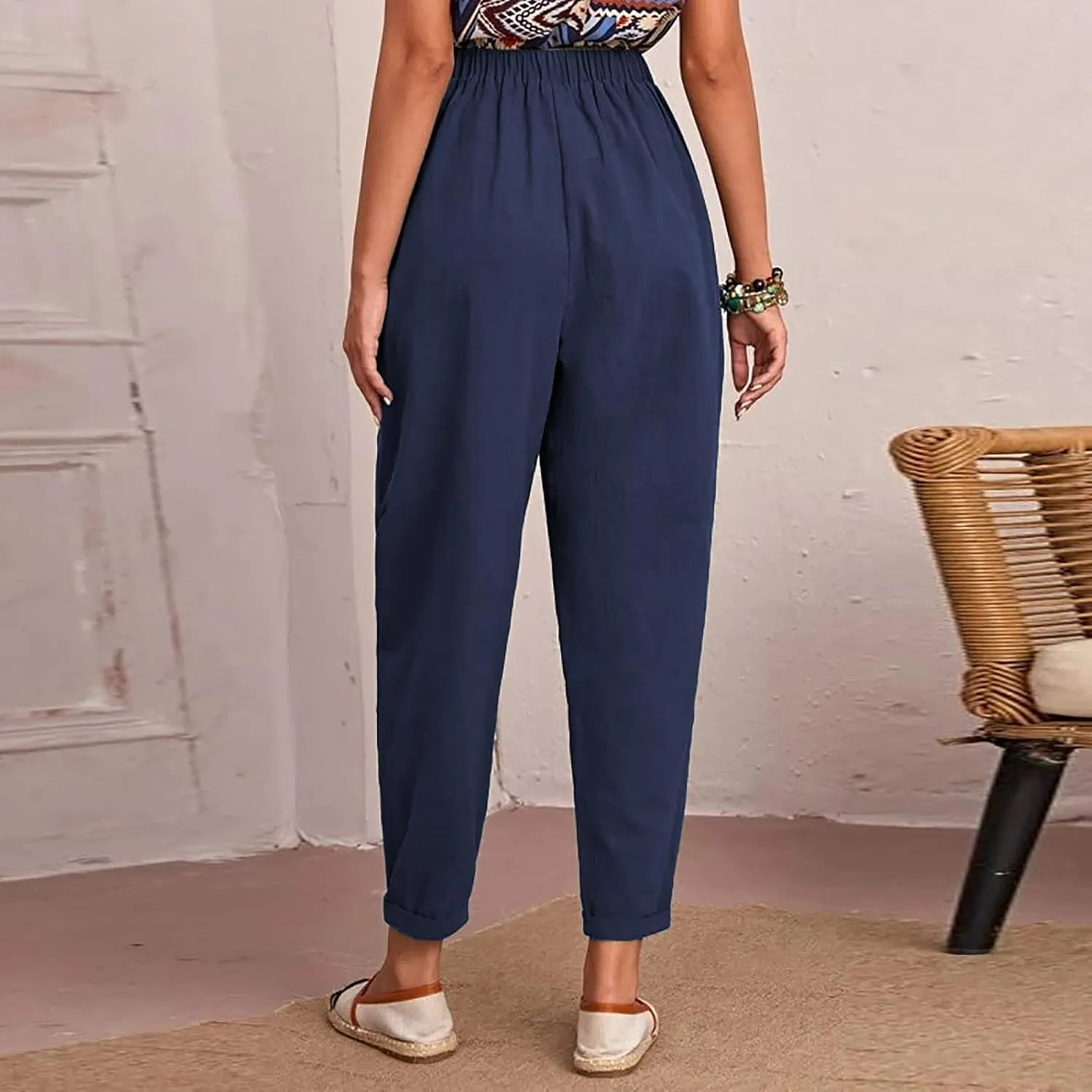 Womens Linen Pants Summer Casual Loose Elastic Waist Straight Wide Leg Pants Lightweight Tall Linen Pants Trousers