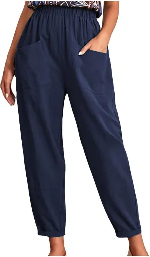 Womens Linen Pants Summer Casual Loose Elastic Waist Straight Wide Leg Pants Lightweight Tall Linen Pants Trousers