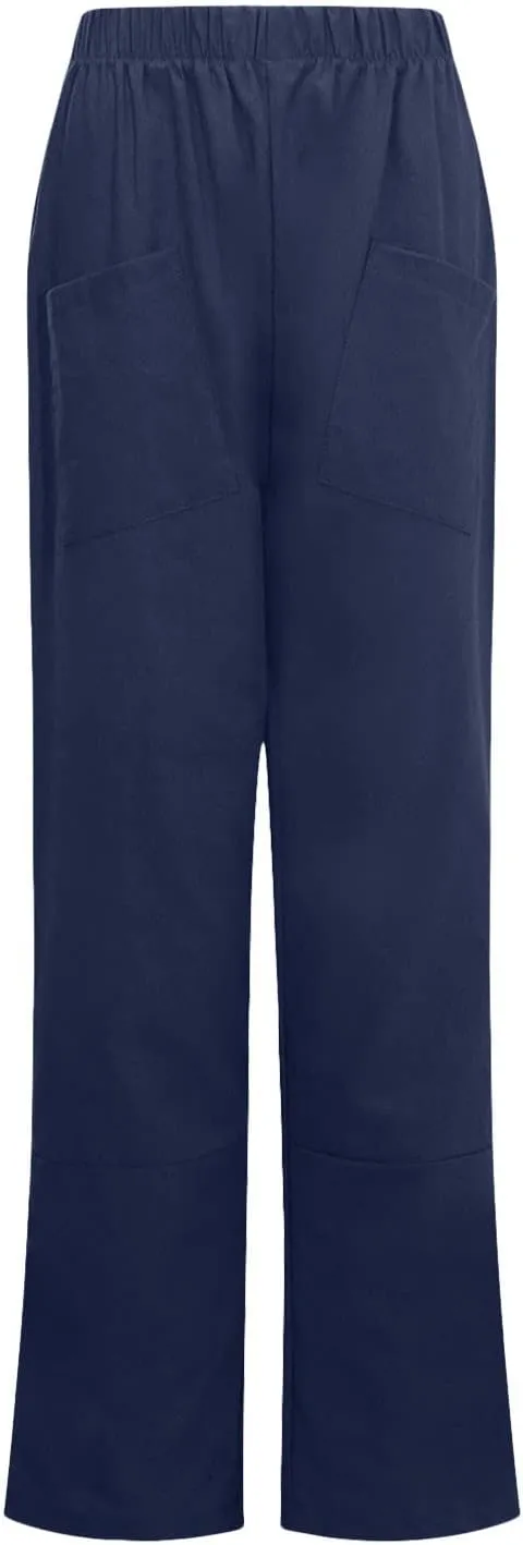 Womens Linen Pants Summer Casual Loose Elastic Waist Straight Wide Leg Pants Lightweight Tall Linen Pants Trousers