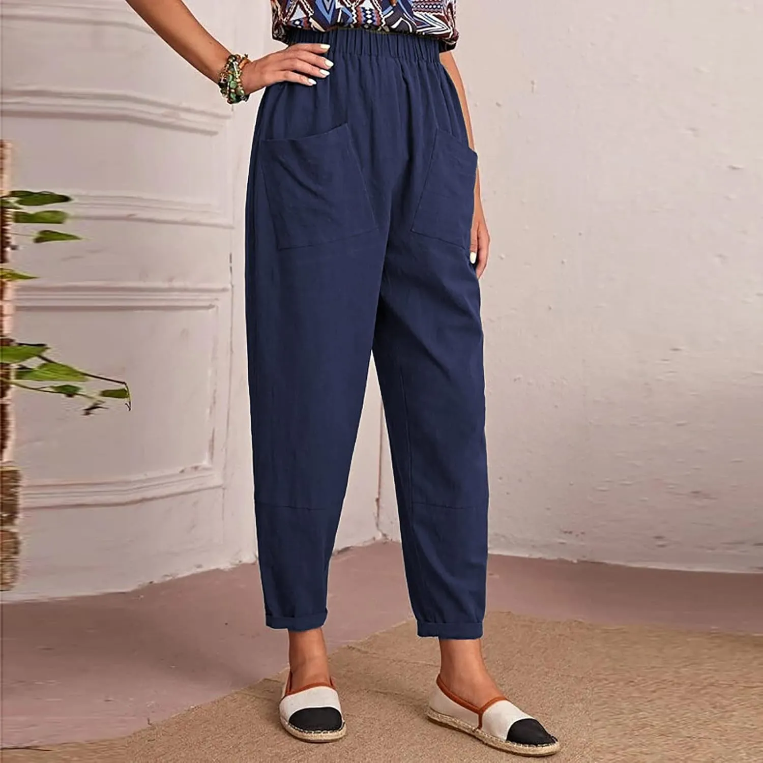 Womens Linen Pants Summer Casual Loose Elastic Waist Straight Wide Leg Pants Lightweight Tall Linen Pants Trousers