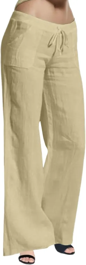 Womens Linen Pants Wide Leg Lounge Boho Beach Summer Trousers Elastic Waist Drawstring Loose Fit Palazzo Pants Pockets