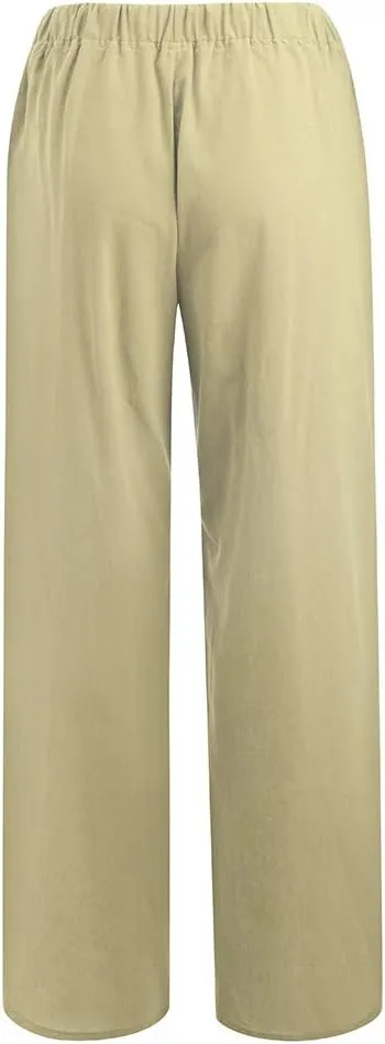Womens Linen Pants Wide Leg Lounge Boho Beach Summer Trousers Elastic Waist Drawstring Loose Fit Palazzo Pants Pockets
