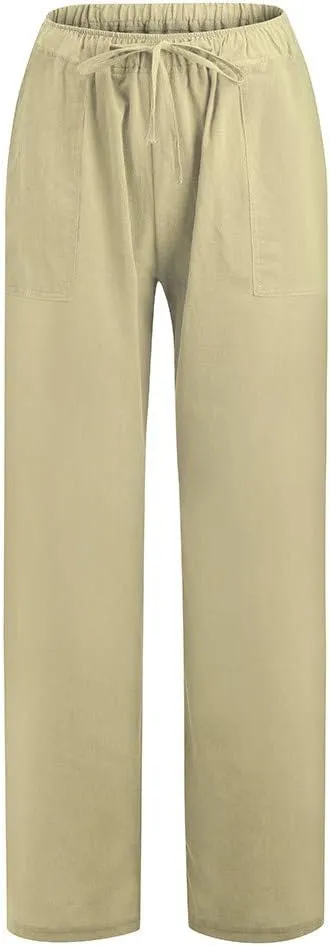 Womens Linen Pants Wide Leg Lounge Boho Beach Summer Trousers Elastic Waist Drawstring Loose Fit Palazzo Pants Pockets