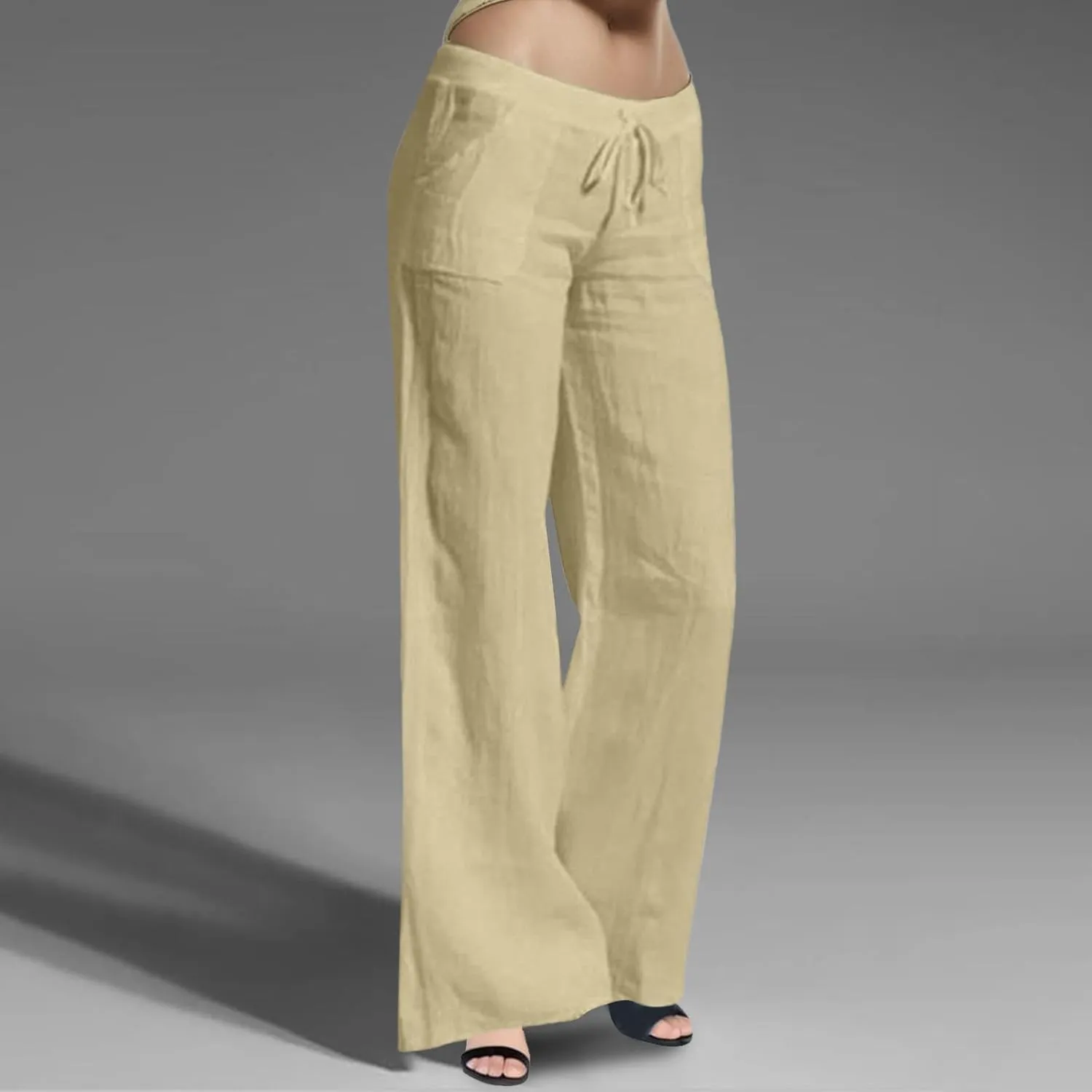 Womens Linen Pants Wide Leg Lounge Boho Beach Summer Trousers Elastic Waist Drawstring Loose Fit Palazzo Pants Pockets
