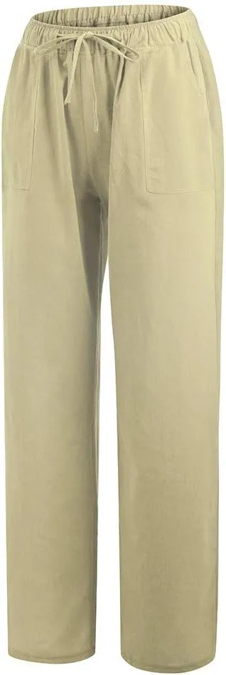 Womens Linen Pants Wide Leg Lounge Boho Beach Summer Trousers Elastic Waist Drawstring Loose Fit Palazzo Pants Pockets