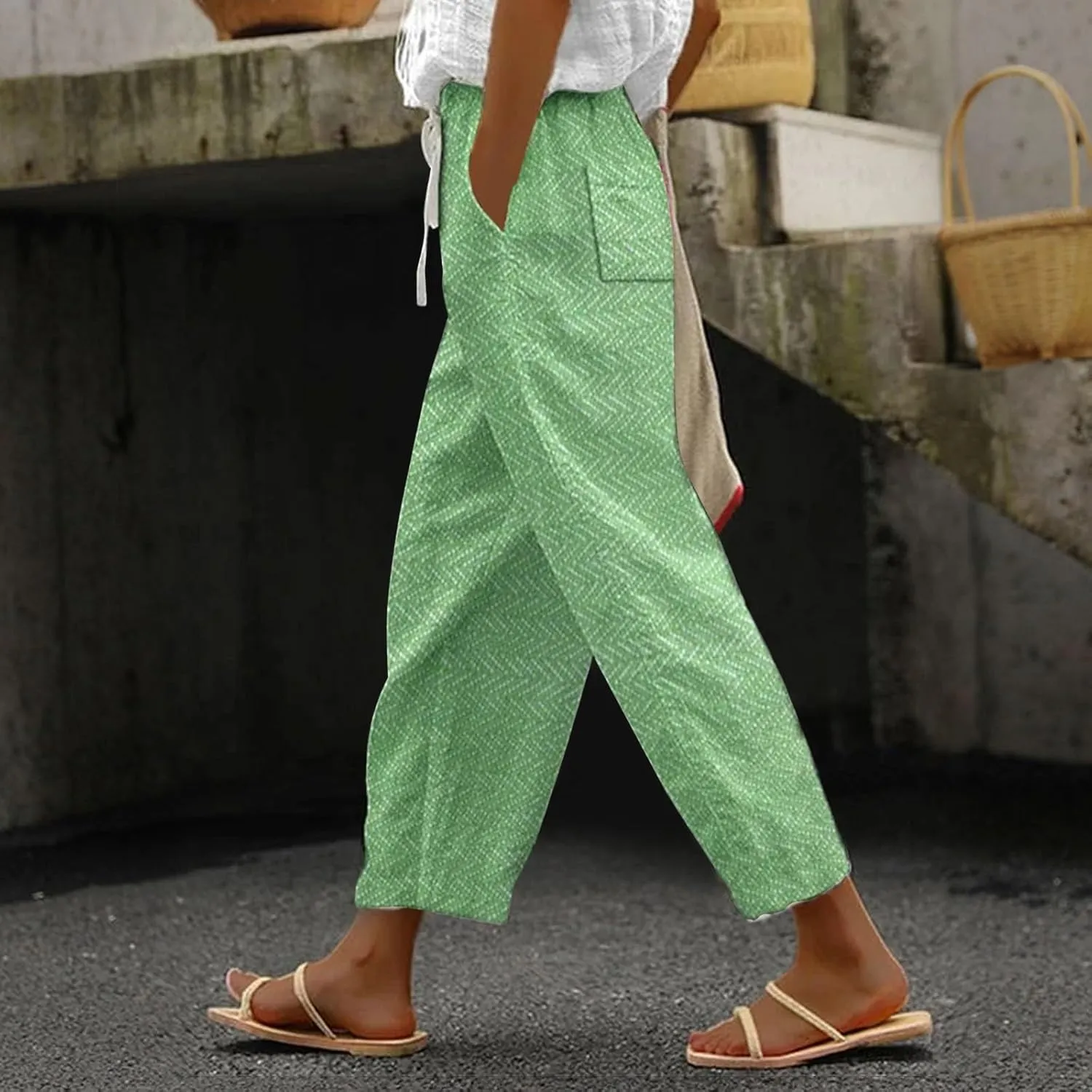 Womens Linen Summer Capri Pants Capri Pants with Pockets Wide Leg Cropped Pants for Women Comfy Loose Summer Beach