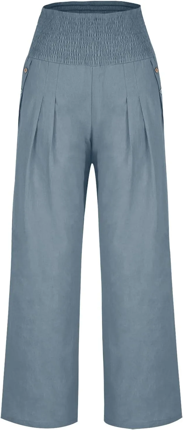 Women's Linen Summer Palazzo Pants Flowy High Waisted Wide Leg Beach Pants Casual Loose Fit Pocketed Paperbag Trouser