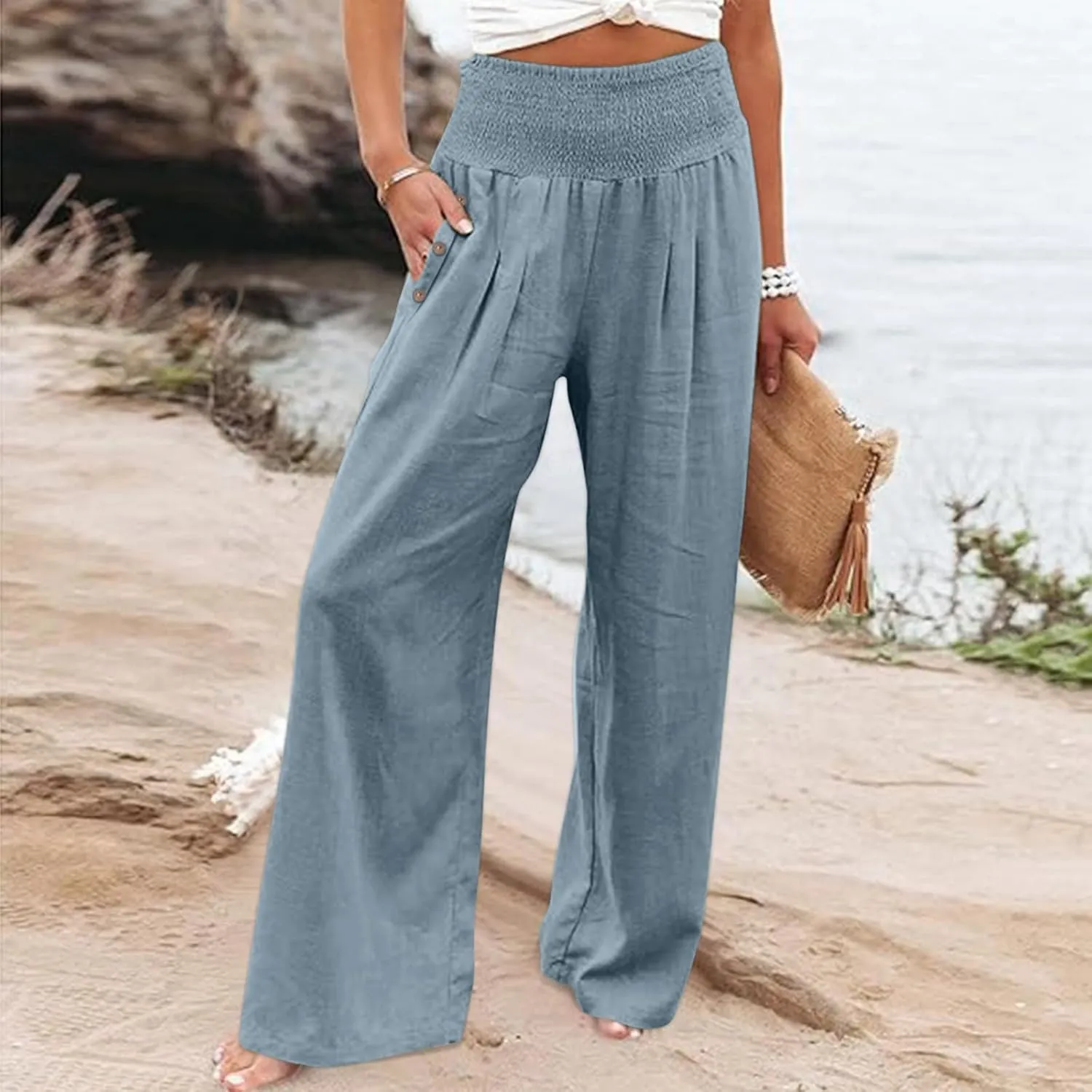 Women's Linen Summer Palazzo Pants Flowy High Waisted Wide Leg Beach Pants Casual Loose Fit Pocketed Paperbag Trouser