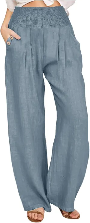 Women's Linen Summer Palazzo Pants Flowy High Waisted Wide Leg Beach Pants Casual Loose Fit Pocketed Paperbag Trouser