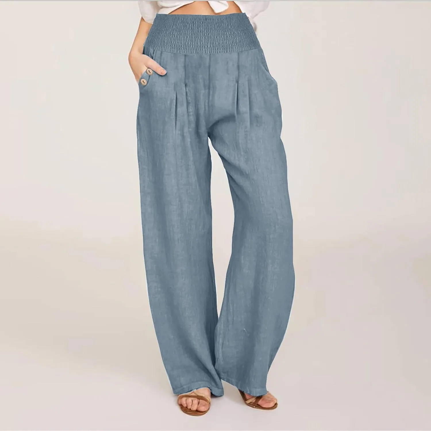 Women's Linen Summer Palazzo Pants Flowy High Waisted Wide Leg Beach Pants Casual Loose Fit Pocketed Paperbag Trouser