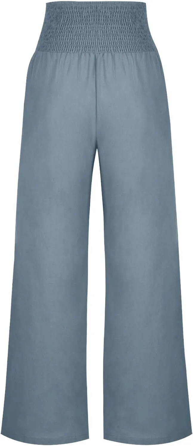 Women's Linen Summer Palazzo Pants Flowy High Waisted Wide Leg Beach Pants Casual Loose Fit Pocketed Paperbag Trouser