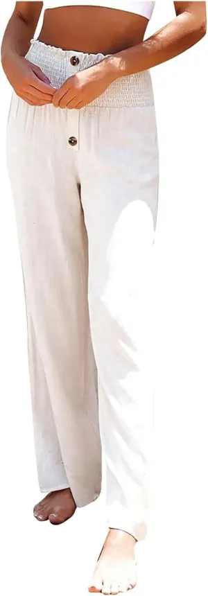 Women's Linen Summer Palazzo Pants Lounge Loose Paperbag Waist Trousers Solid Comfy Pants Summer Outfits 2025 Trendy