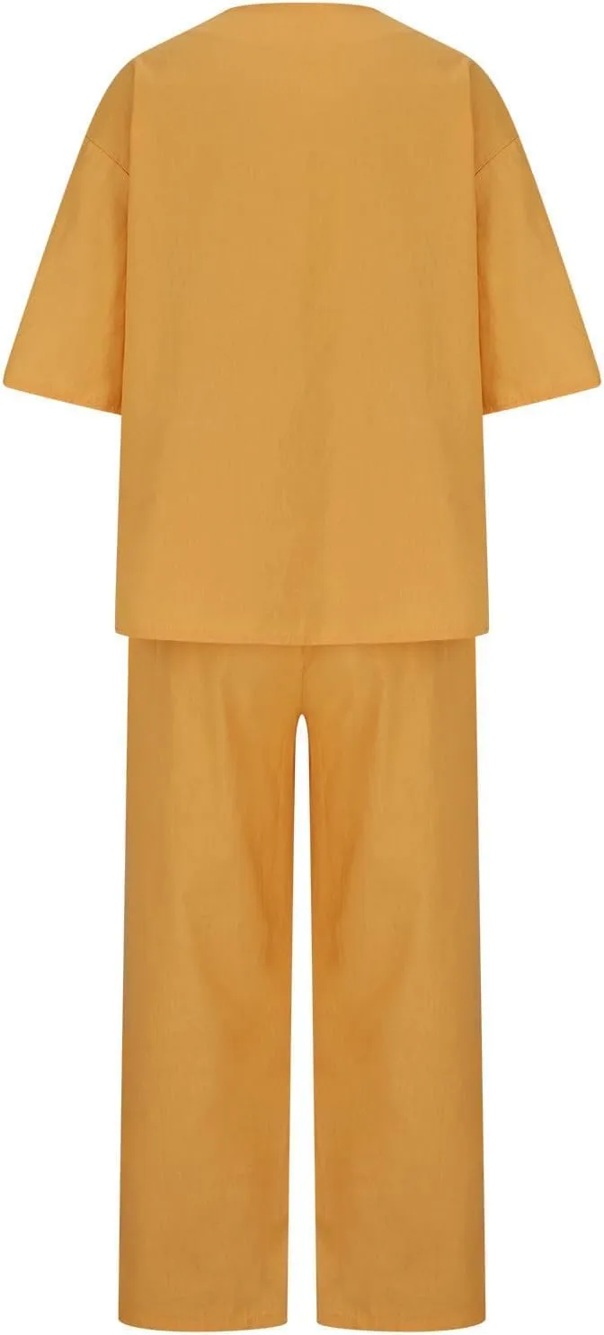 Womens Linen Top and Wide Leg Pants Suit 2 Pieces Summer Casual Elegant Outfit