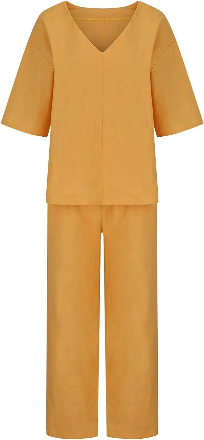 Womens Linen Top and Wide Leg Pants Suit 2 Pieces Summer Casual Elegant Outfit