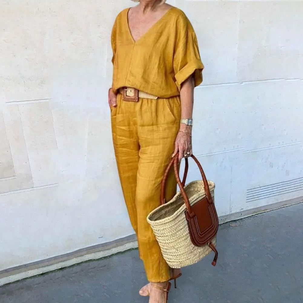 Womens Linen Top and Wide Leg Pants Suit 2 Pieces Summer Casual Elegant Outfit