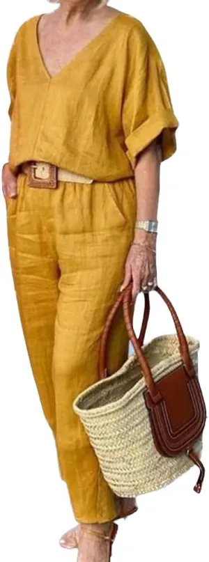 Womens Linen Top and Wide Leg Pants Suit 2 Pieces Summer Casual Elegant Outfit