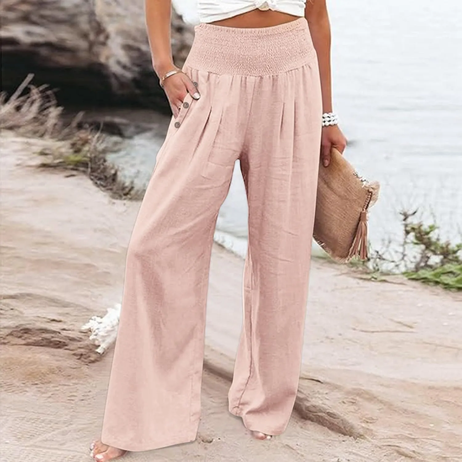 Womens Linen Wide Leg Pants Loose Drawsting Pull On Straight Leg Black Beach Flowy Harem Yoga Cropped Trousers with Pockets