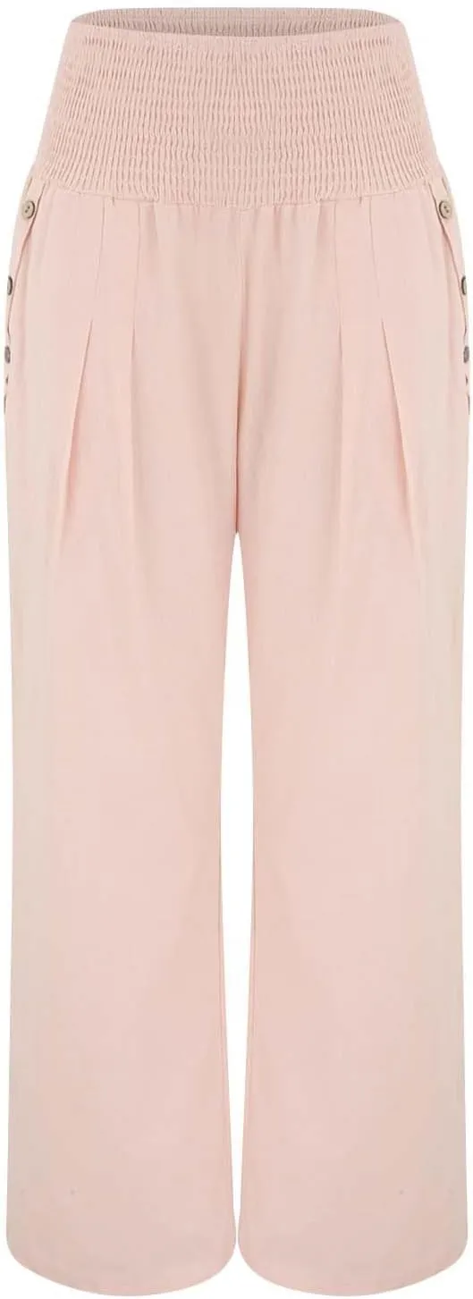 Womens Linen Wide Leg Pants Loose Drawsting Pull On Straight Leg Black Beach Flowy Harem Yoga Cropped Trousers with Pockets