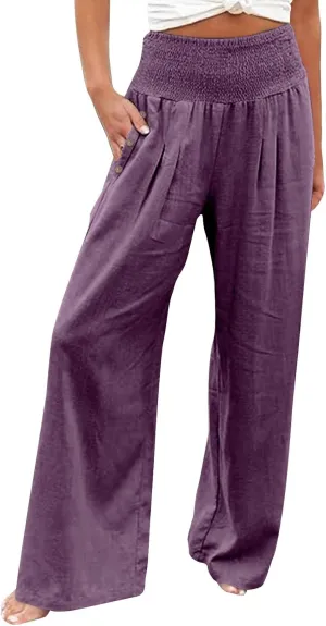 Womens Linen Wide Leg Pants Loose Drawsting Pull On Straight Leg Black Beach Flowy Harem Yoga Cropped Trousers with Pockets