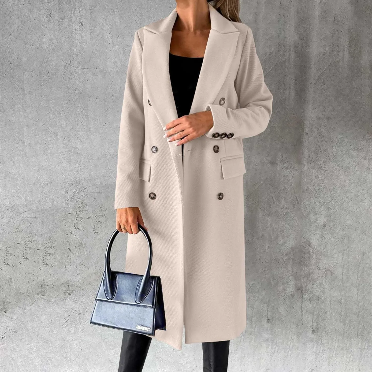 Womens Long Double Breasted Coats Lapel Collar Pea Coat Winter Slim Fit Jackets Trench Coat Outwears
