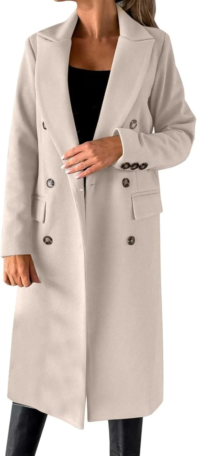 Womens Long Double Breasted Coats Lapel Collar Pea Coat Winter Slim Fit Jackets Trench Coat Outwears