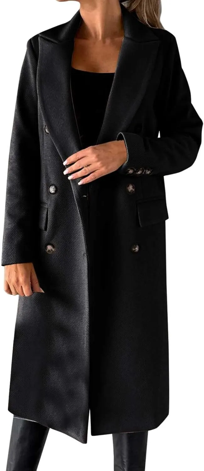 Womens Long Double Breasted Coats Lapel Collar Pea Coat Winter Slim Fit Jackets Trench Coat Outwears