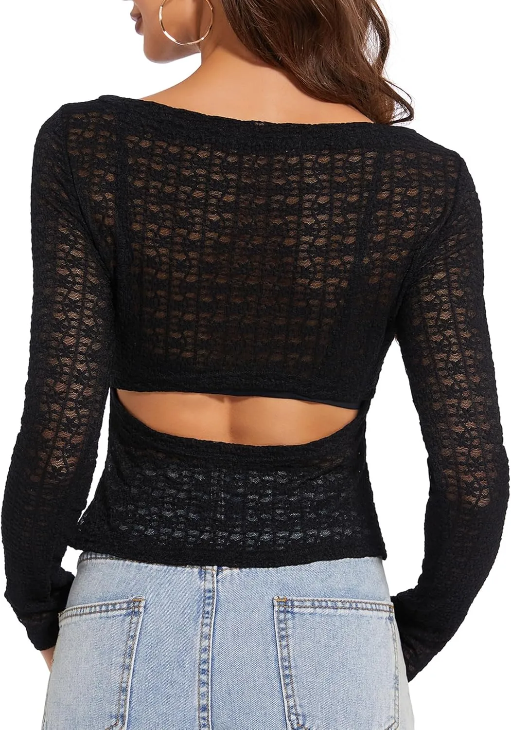 Women's Long Sleeve Crewneck Cut Out Back Lace T Shirts Sexy Mesh Slim Fit Y2k Going Out Crop Tops Streetwear
