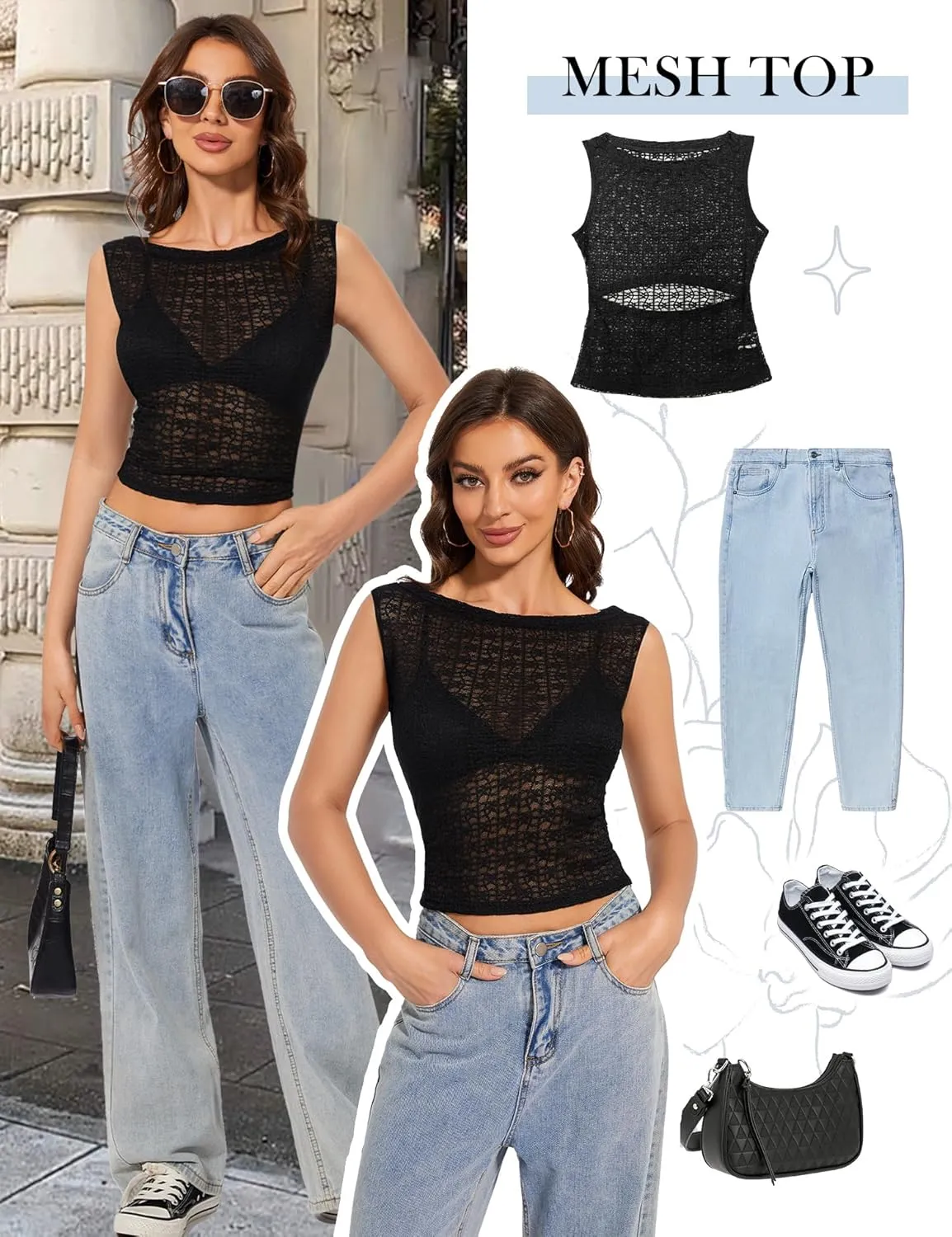 Women's Long Sleeve Crewneck Cut Out Back Lace T Shirts Sexy Mesh Slim Fit Y2k Going Out Crop Tops Streetwear