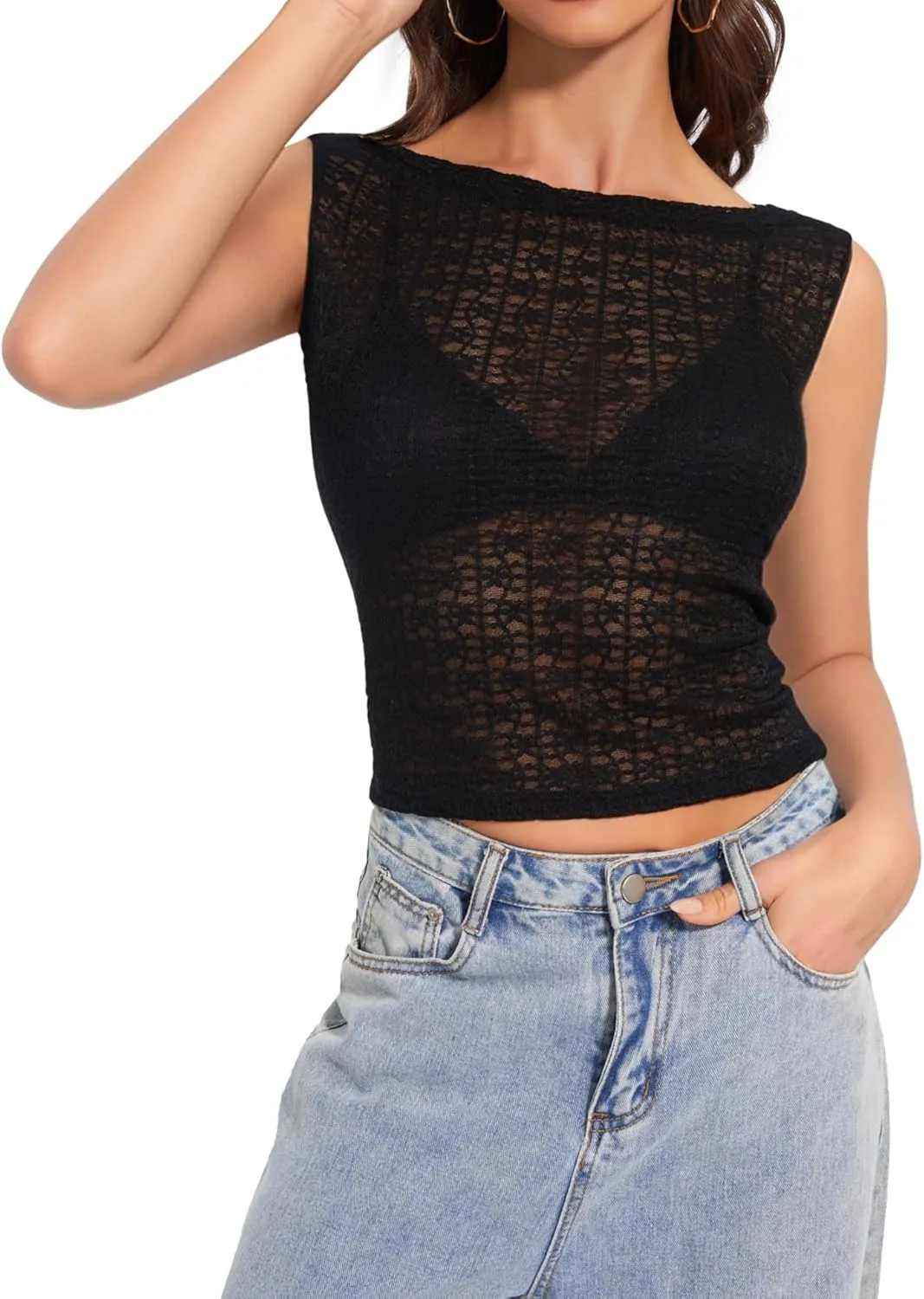 Women's Long Sleeve Crewneck Cut Out Back Lace T Shirts Sexy Mesh Slim Fit Y2k Going Out Crop Tops Streetwear