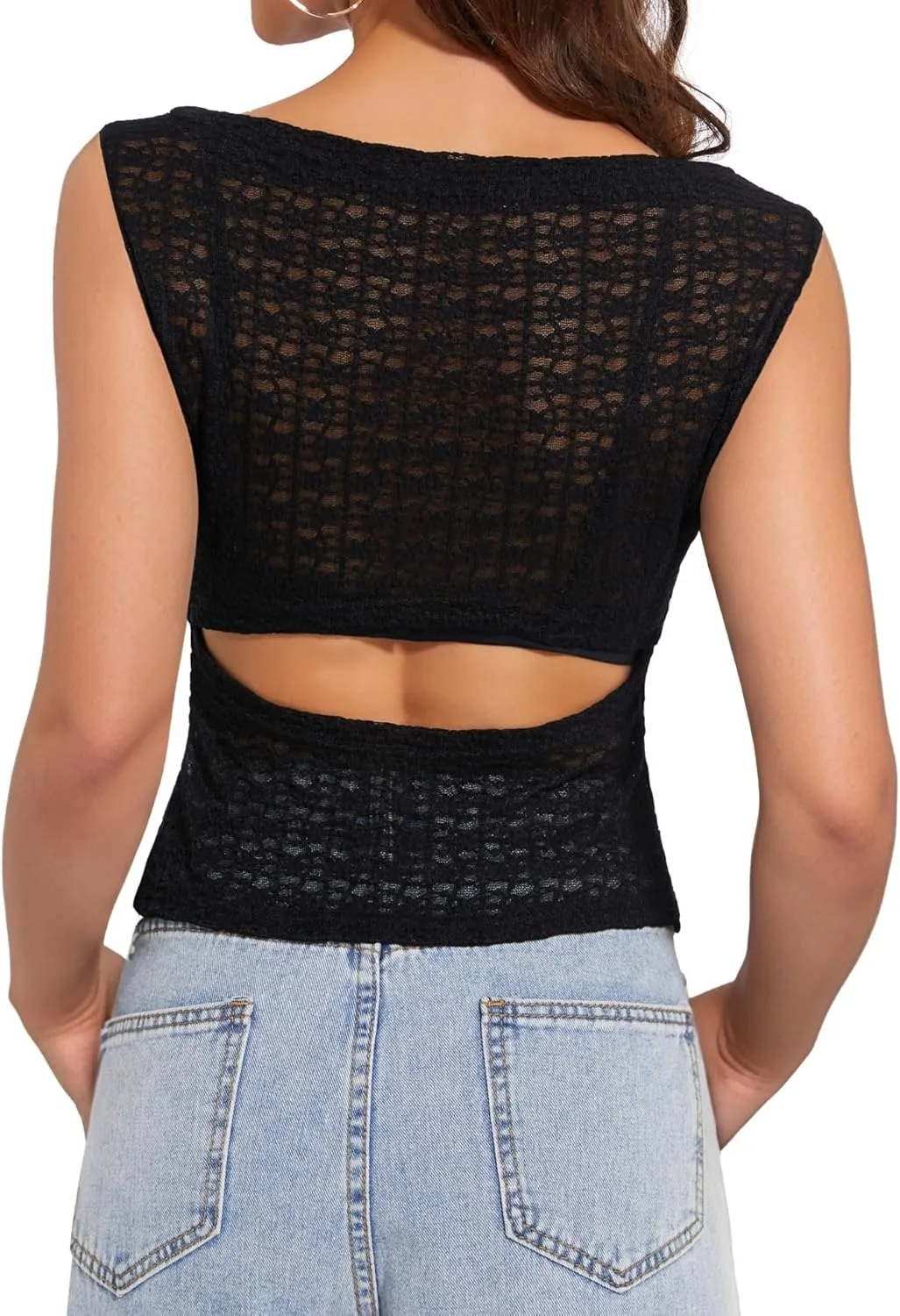 Women's Long Sleeve Crewneck Cut Out Back Lace T Shirts Sexy Mesh Slim Fit Y2k Going Out Crop Tops Streetwear