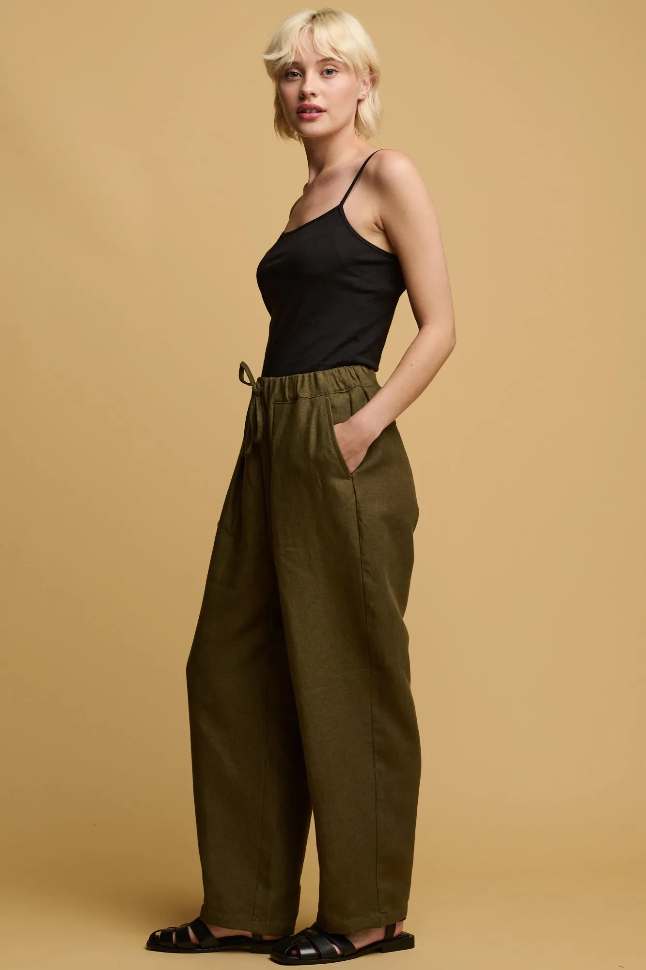 Women's Lorna Elasticated Waist Linen Trouser - Olive