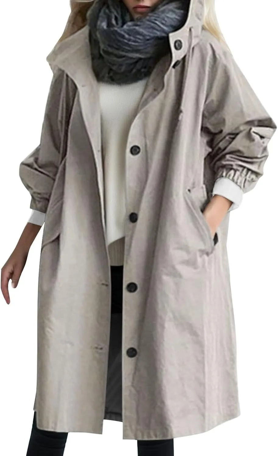 Womens Oversized Trench Coat Lightweight Windbreaker Waterproof Raincoat Long Hooded Pea Coat Lined Elegant Jacket