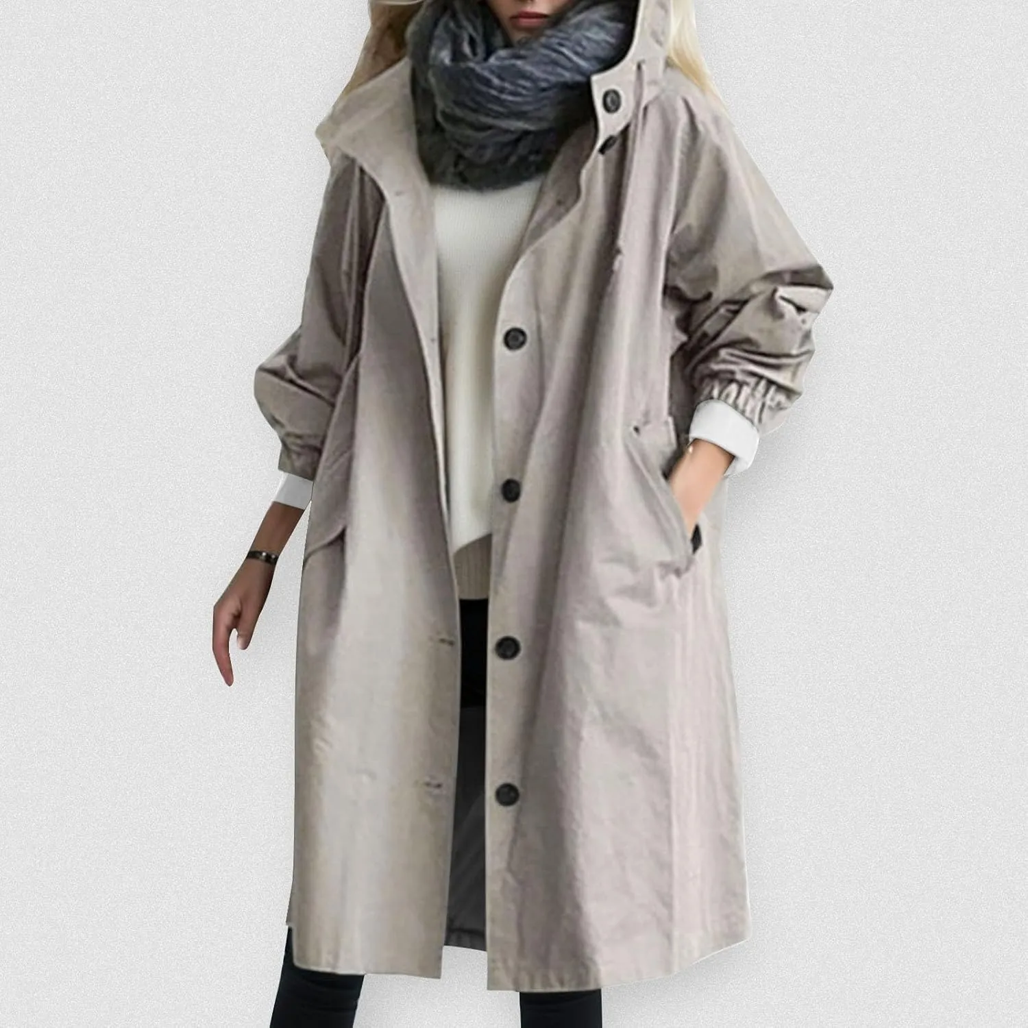 Womens Oversized Trench Coat Lightweight Windbreaker Waterproof Raincoat Long Hooded Pea Coat Lined Elegant Jacket