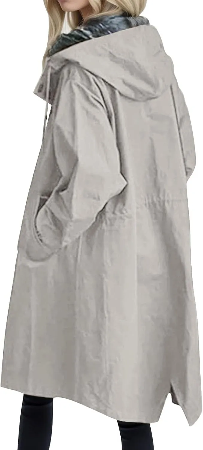 Womens Oversized Trench Coat Lightweight Windbreaker Waterproof Raincoat Long Hooded Pea Coat Lined Elegant Jacket