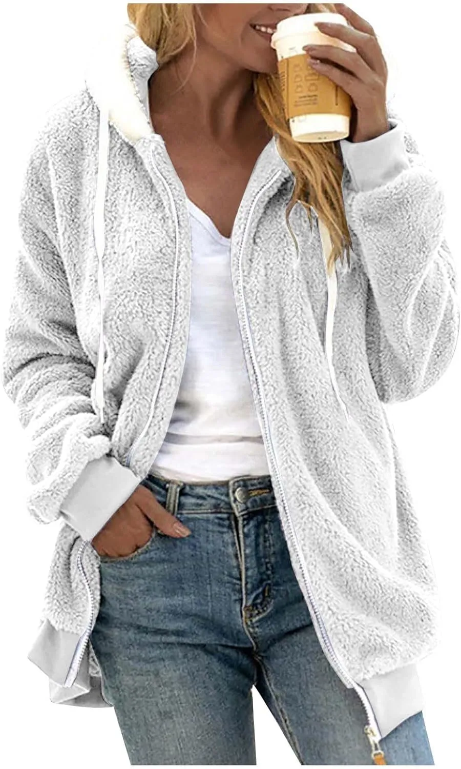 Womens Oversized Zip Up Coat Fuzzy Fleece Sherpa Jacket with Pockets Hoodie Outerwear Fall and Winter
