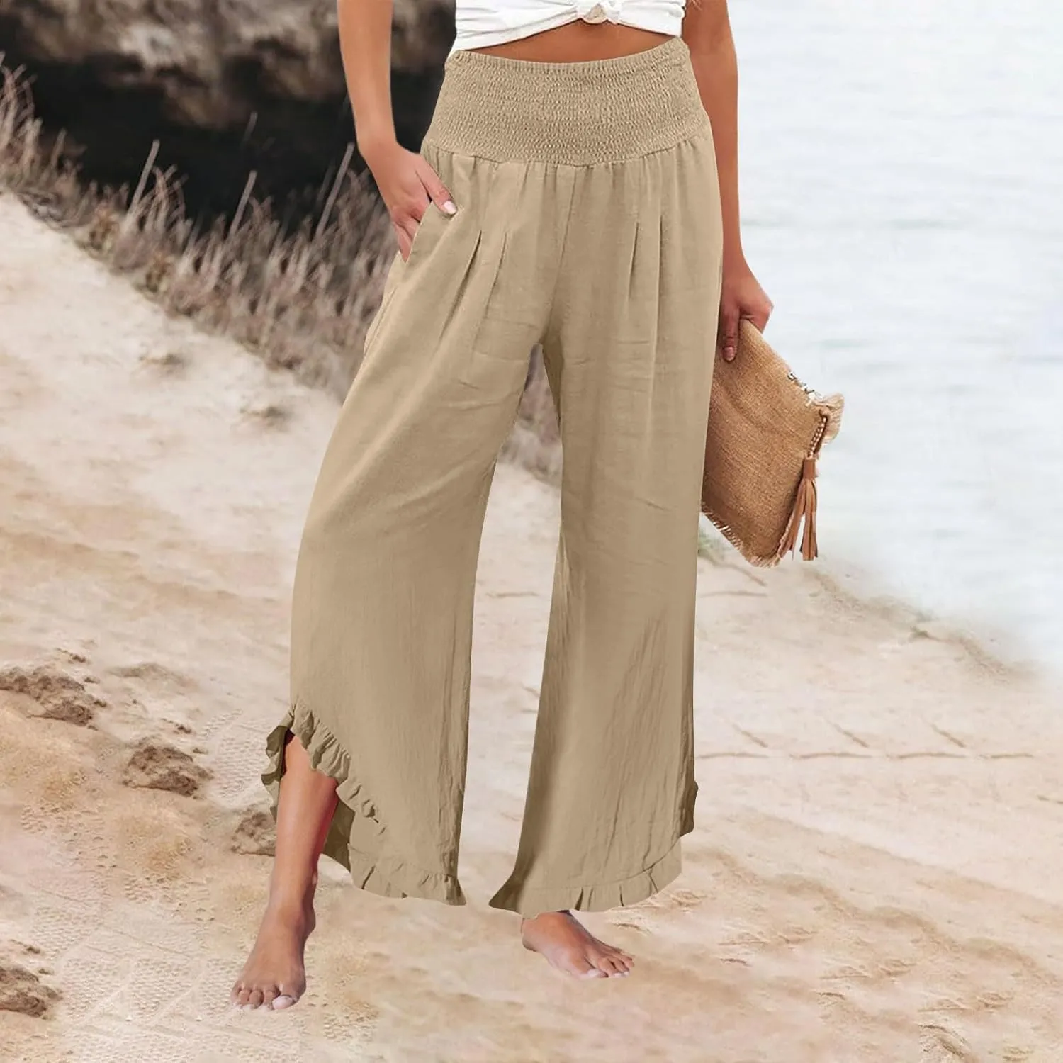 Womens Palazzo Linen Pants Casual Smocked High Waisted Ruffle Hem Wide Leg Pants Summer Loose Beach Pant with Pockets