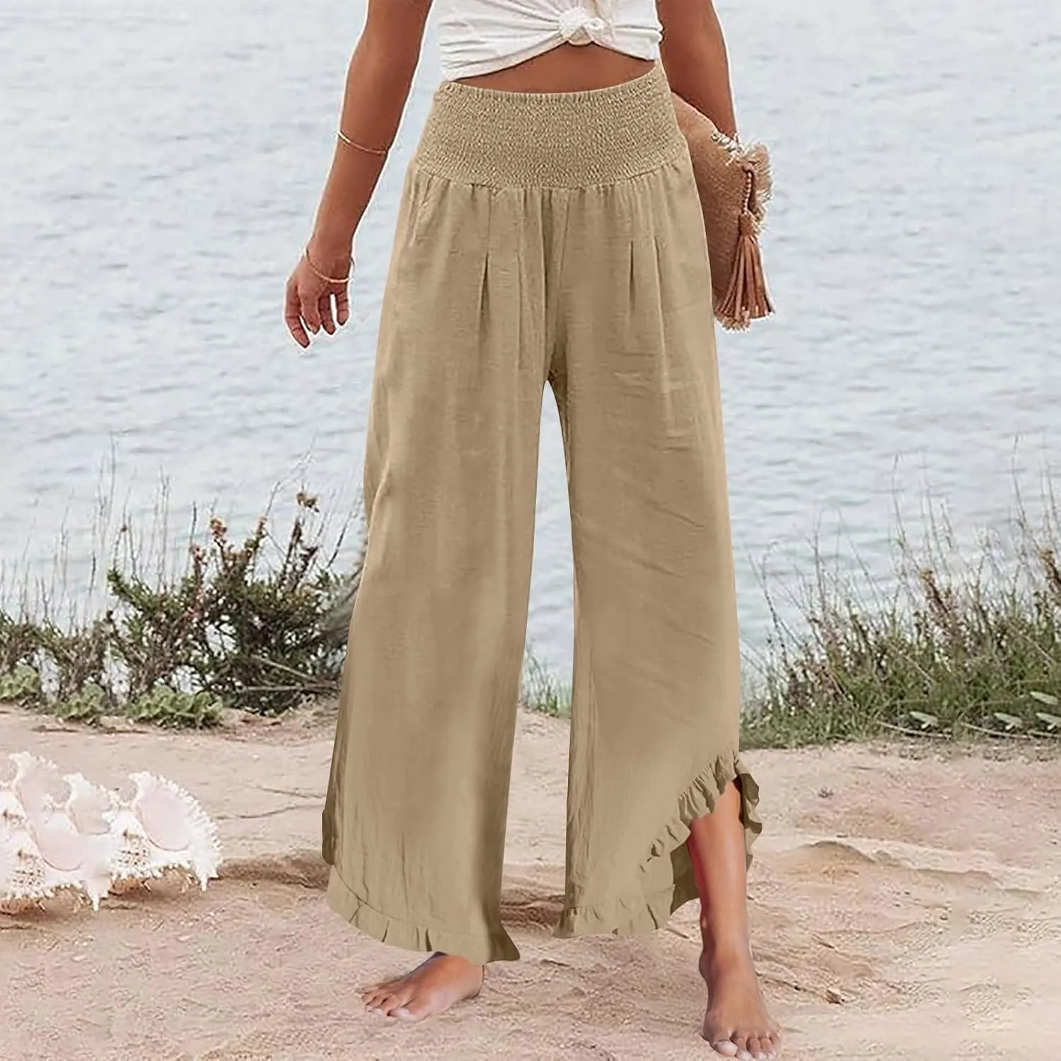 Womens Palazzo Linen Pants Casual Smocked High Waisted Ruffle Hem Wide Leg Pants Summer Loose Beach Pant with Pockets