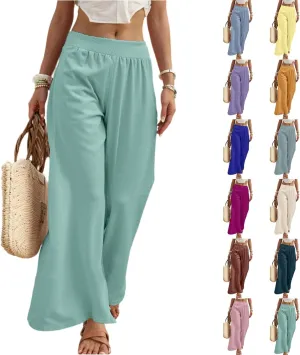 Womens Palazzo Linen Pants Casual Summer Smocked Elastic High Waisted Wide Leg Pants Loose Fit Vacation Beach Trousers