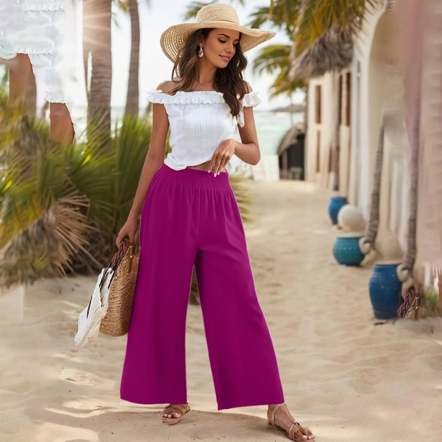 Womens Palazzo Linen Pants Casual Summer Smocked Elastic High Waisted Wide Leg Pants Loose Fit Vacation Beach Trousers