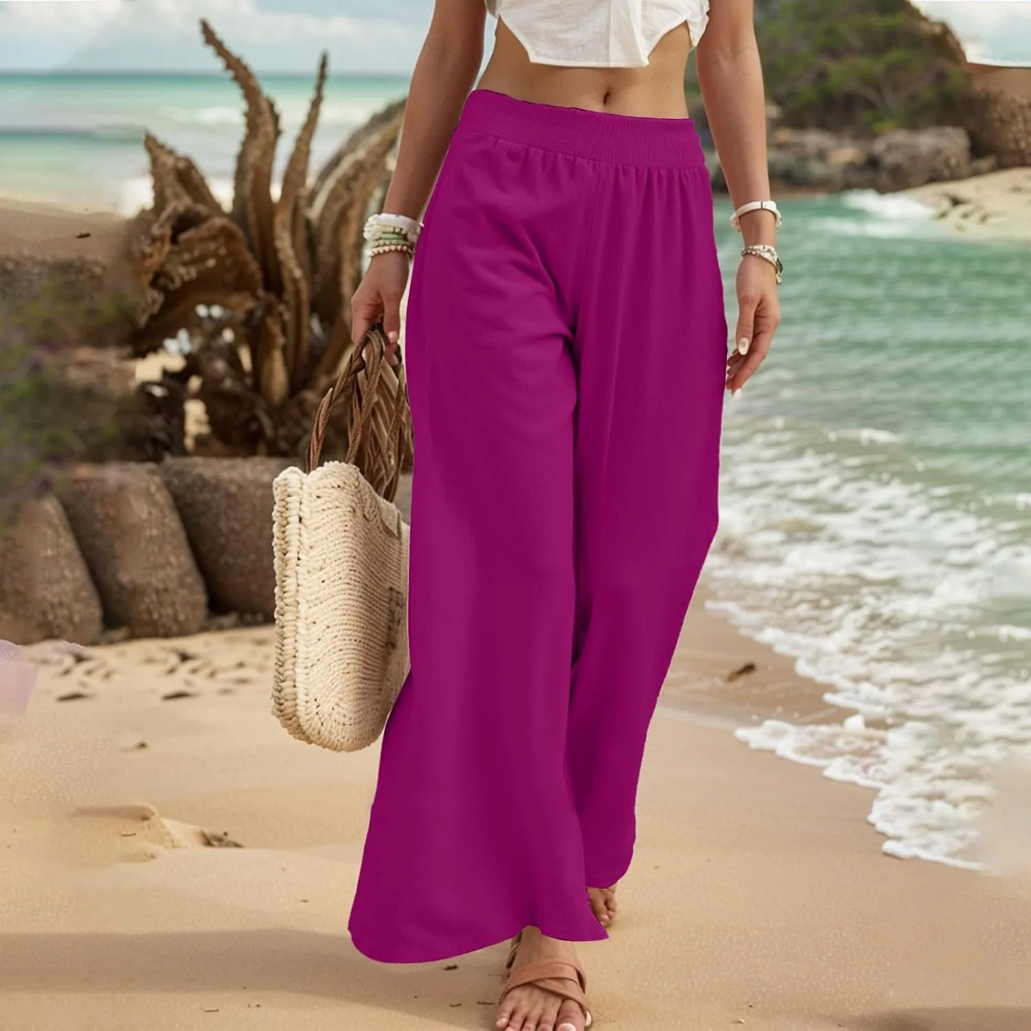 Womens Palazzo Linen Pants Casual Summer Smocked Elastic High Waisted Wide Leg Pants Loose Fit Vacation Beach Trousers