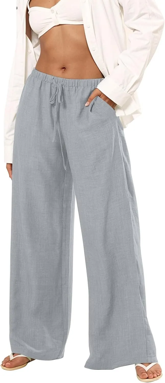 Women's Palazzo Linen Pants Elastic High Waisted Wide Leg Beach Pants Casual Summer Loose Flowy Trousers with Pockets