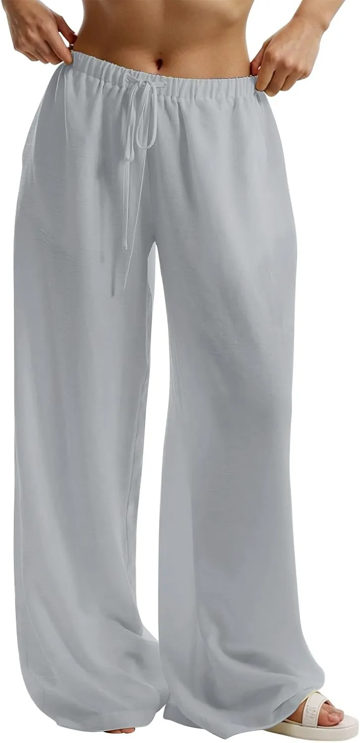 Women's Palazzo Linen Pants Elastic High Waisted Wide Leg Beach Pants Casual Summer Loose Flowy Trousers with Pockets