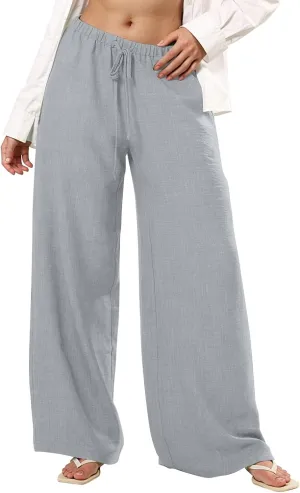 Women's Palazzo Linen Pants Elastic High Waisted Wide Leg Beach Pants Casual Summer Loose Flowy Trousers with Pockets