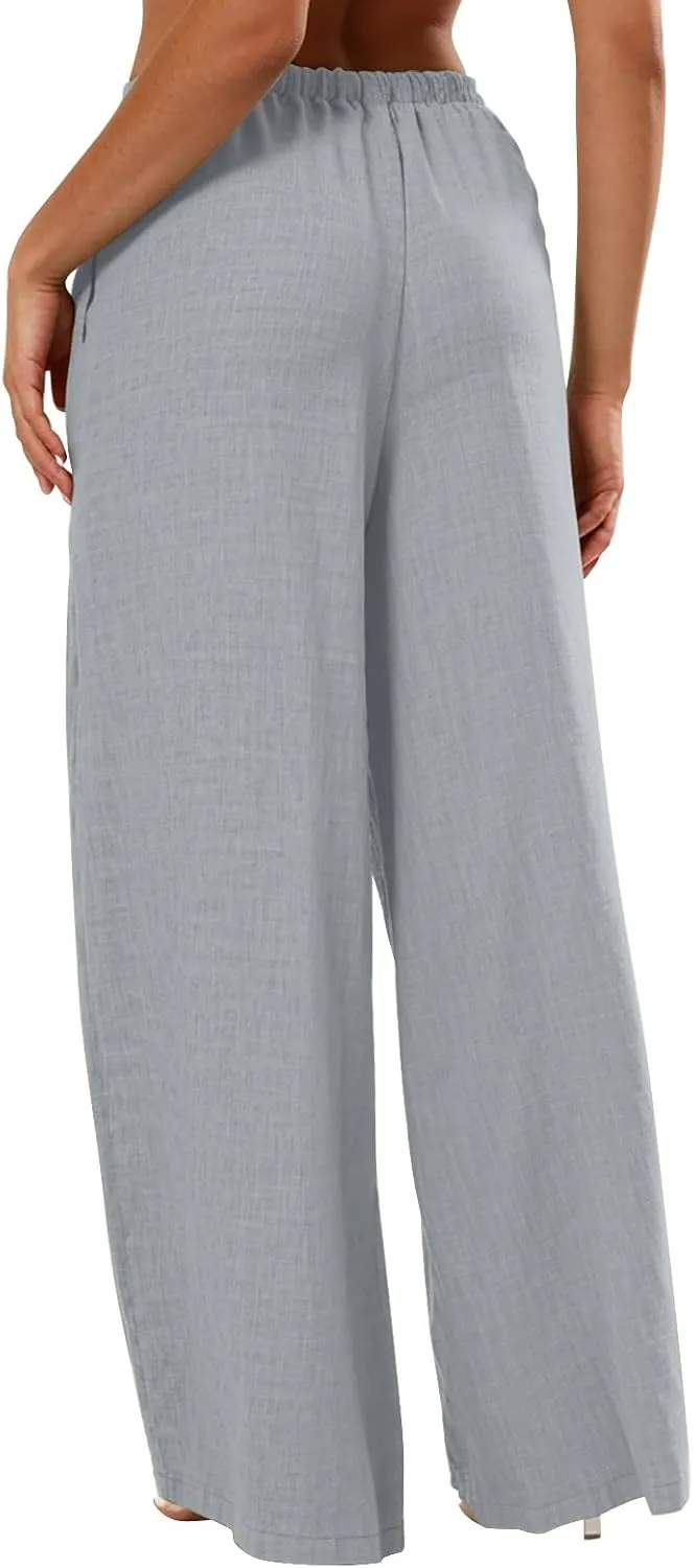 Women's Palazzo Linen Pants Elastic High Waisted Wide Leg Beach Pants Casual Summer Loose Flowy Trousers with Pockets