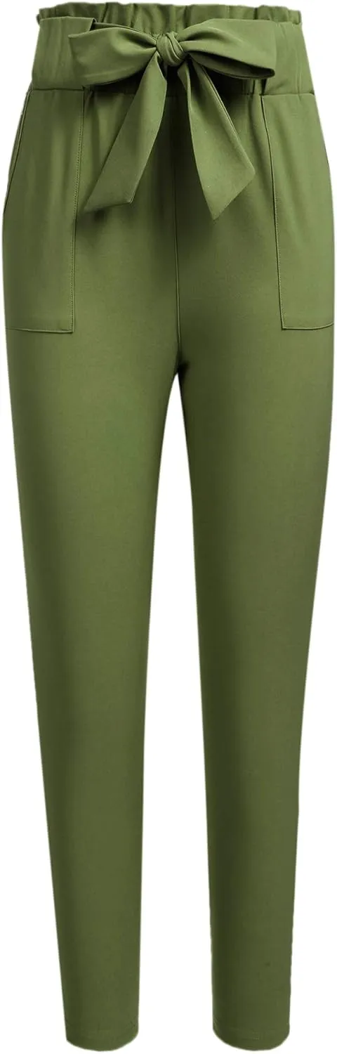 Women's Pants Casual Trouser Paper Bag Pants Elastic Waist Slim Pockets