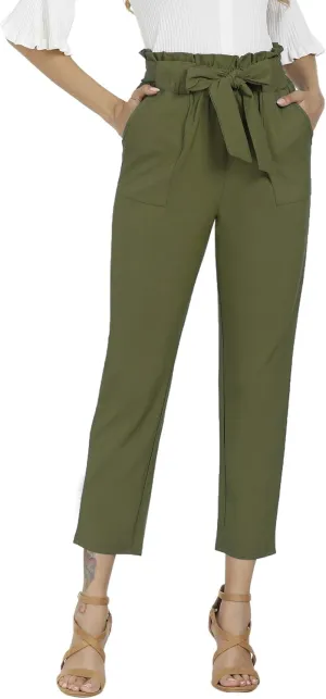 Women's Pants Casual Trouser Paper Bag Pants Elastic Waist Slim Pockets