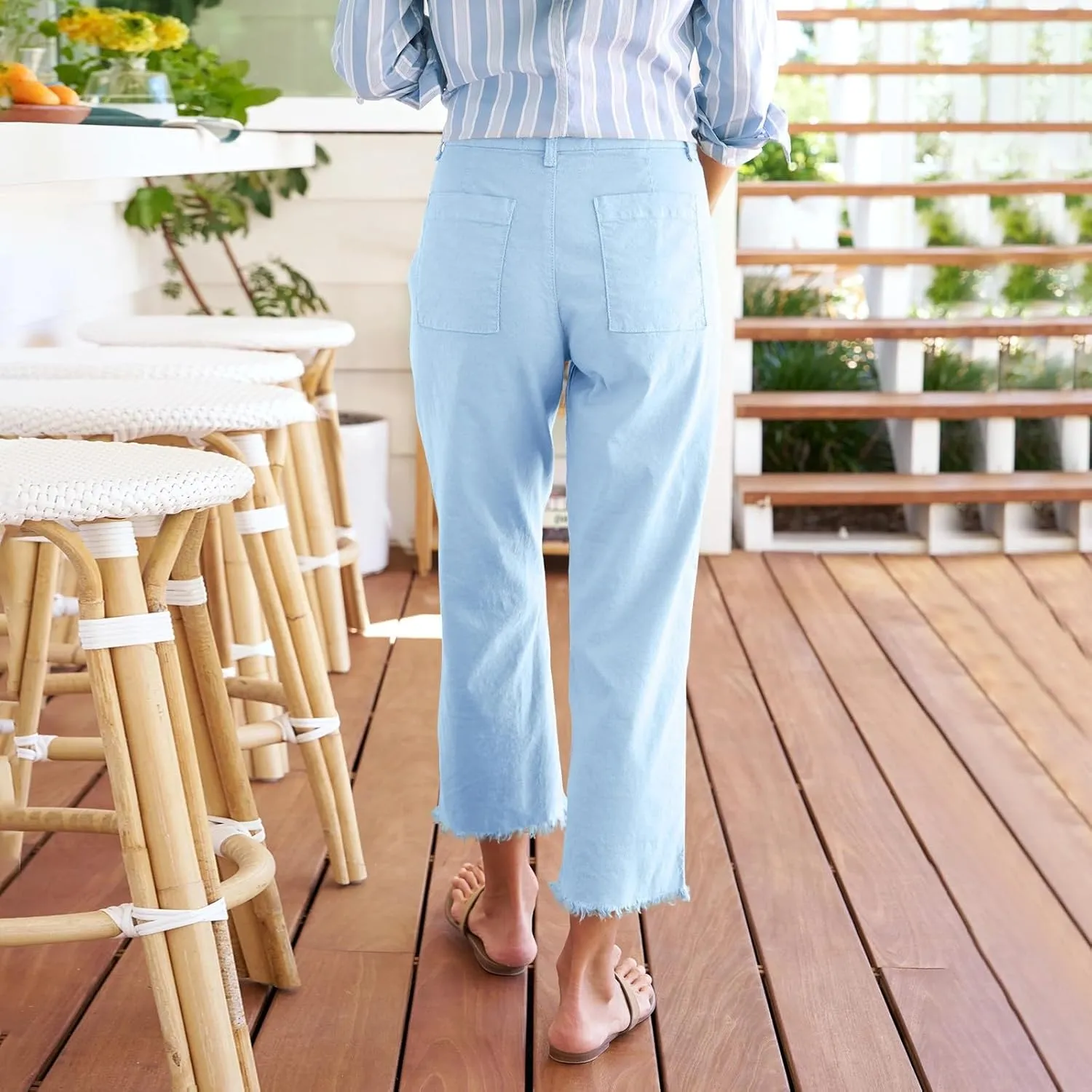 Womens Pants, Linen Straight Leg Peasant Pants Women's Casual Elastic Waist Workout