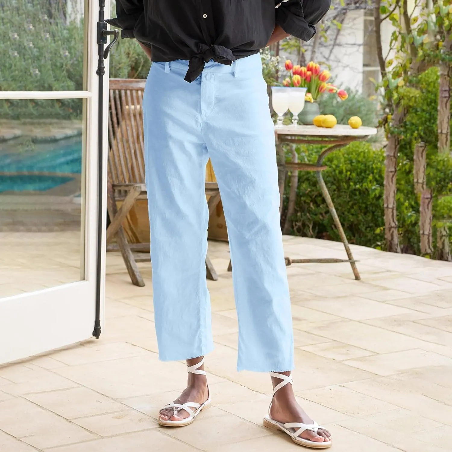 Womens Pants, Linen Straight Leg Peasant Pants Women's Casual Elastic Waist Workout