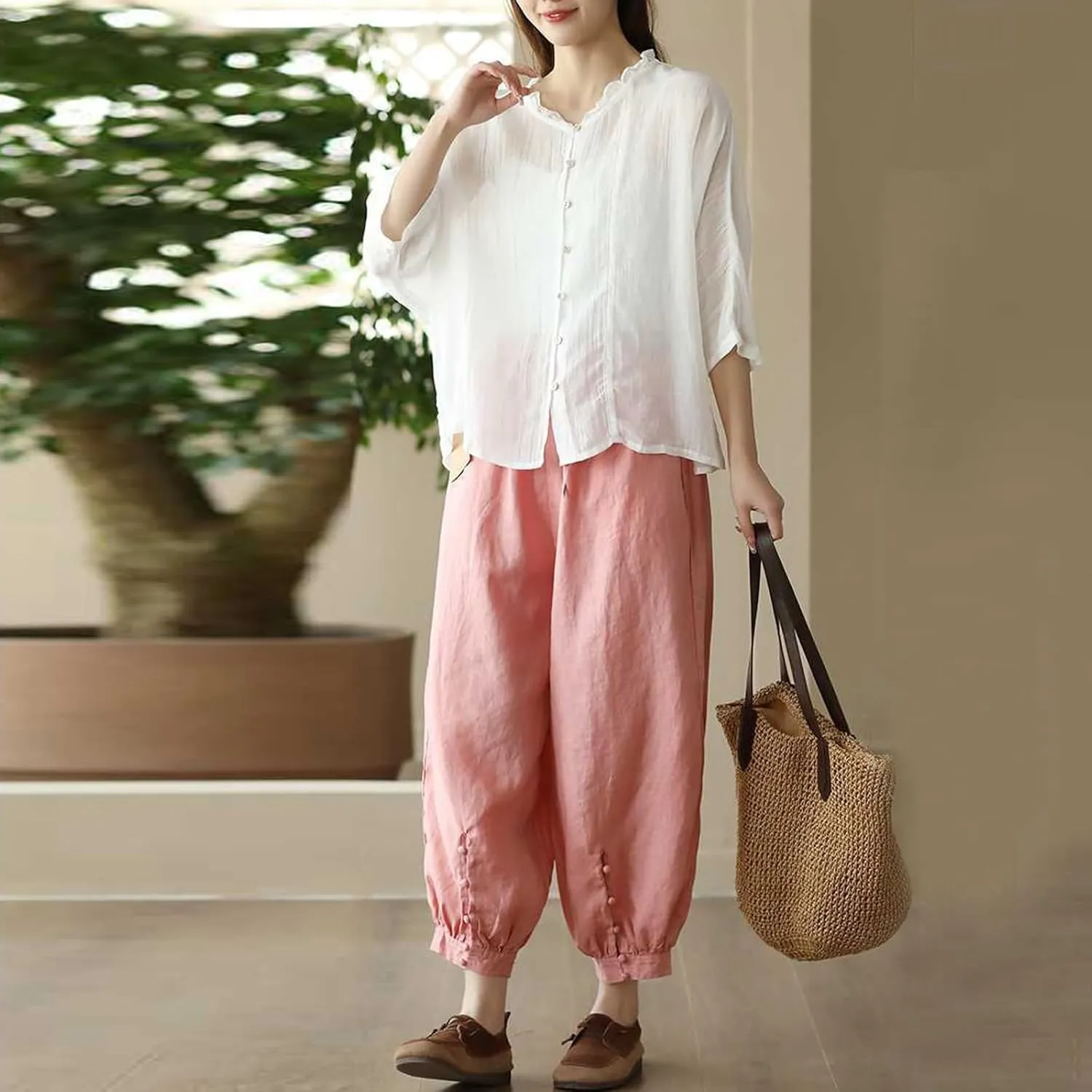 Women's Pants, Plus Size Linen Peasant Pants Casual Straight Leg 2025 Side